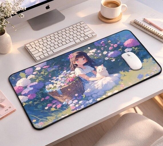 Pastellfärgat skrivbord med blommig skrivbordsmatta och ergonomisk mus