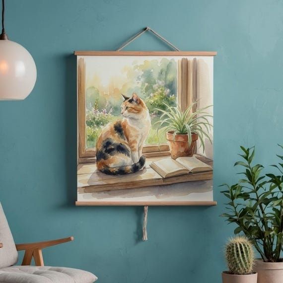 Väggbonad med katt, växter och böcker ovanför flera krukväxter